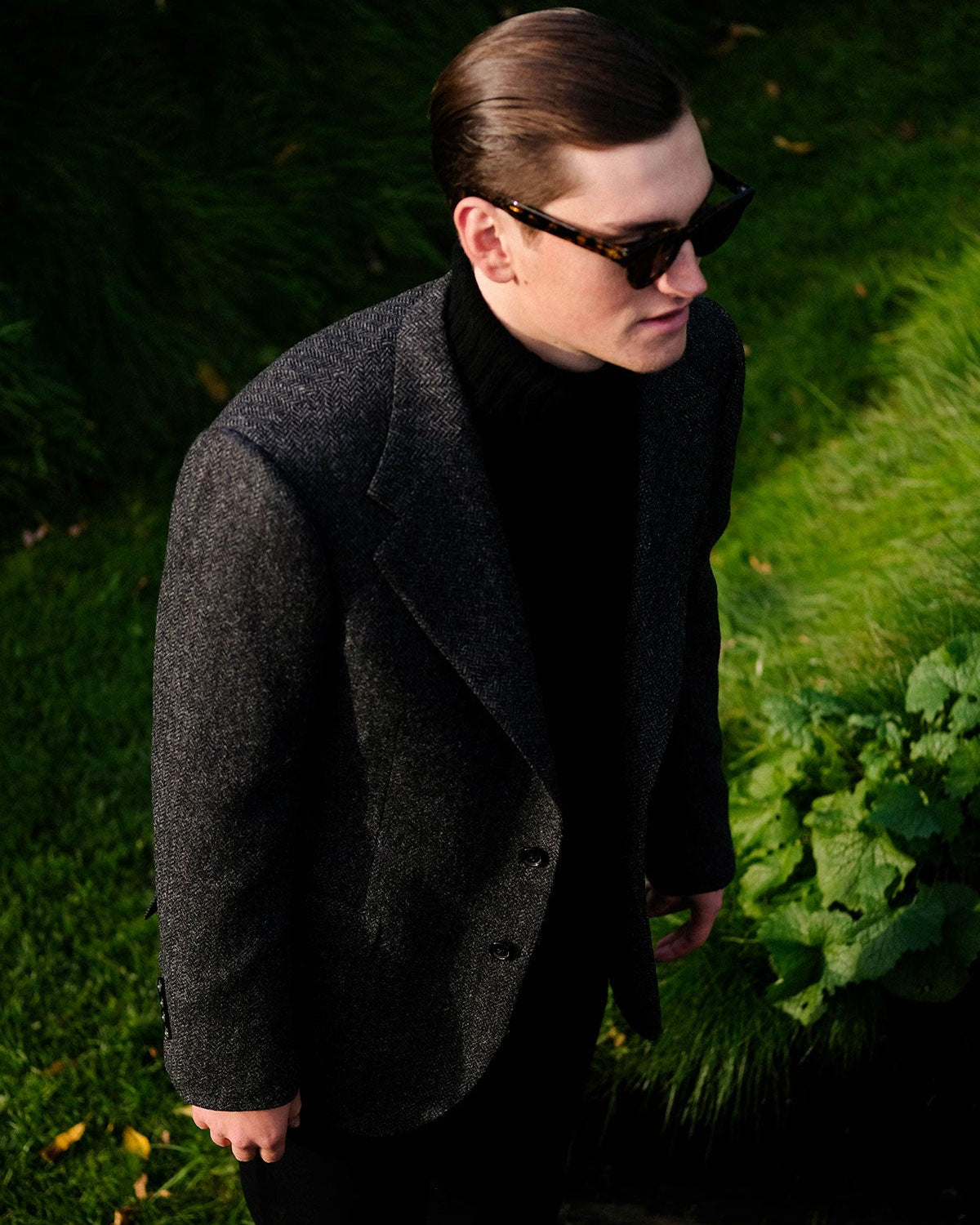 Single Breasted Jacket in Charcoal Herringbone Twill